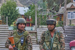 Indian para-military force soldiers stand guard at Pampore in Pulwama district of Indian controlled Kashmir, Wednesday, May 7, 2025